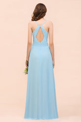 Chic Spaghetti Straps Ruffle Sky Blue Chiffon Bridesmaid Dress Online-27dress